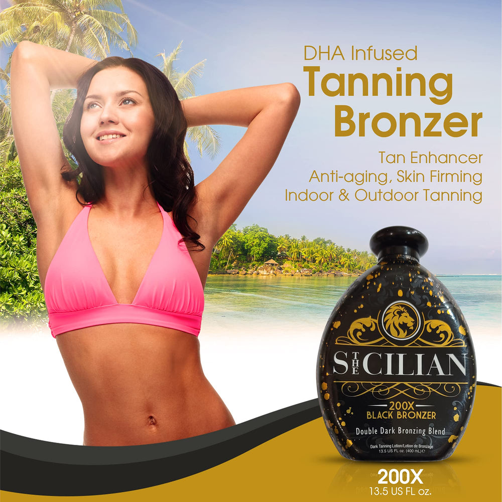 The Sicilian application gesture demonstrates even coverage for a smooth tan.