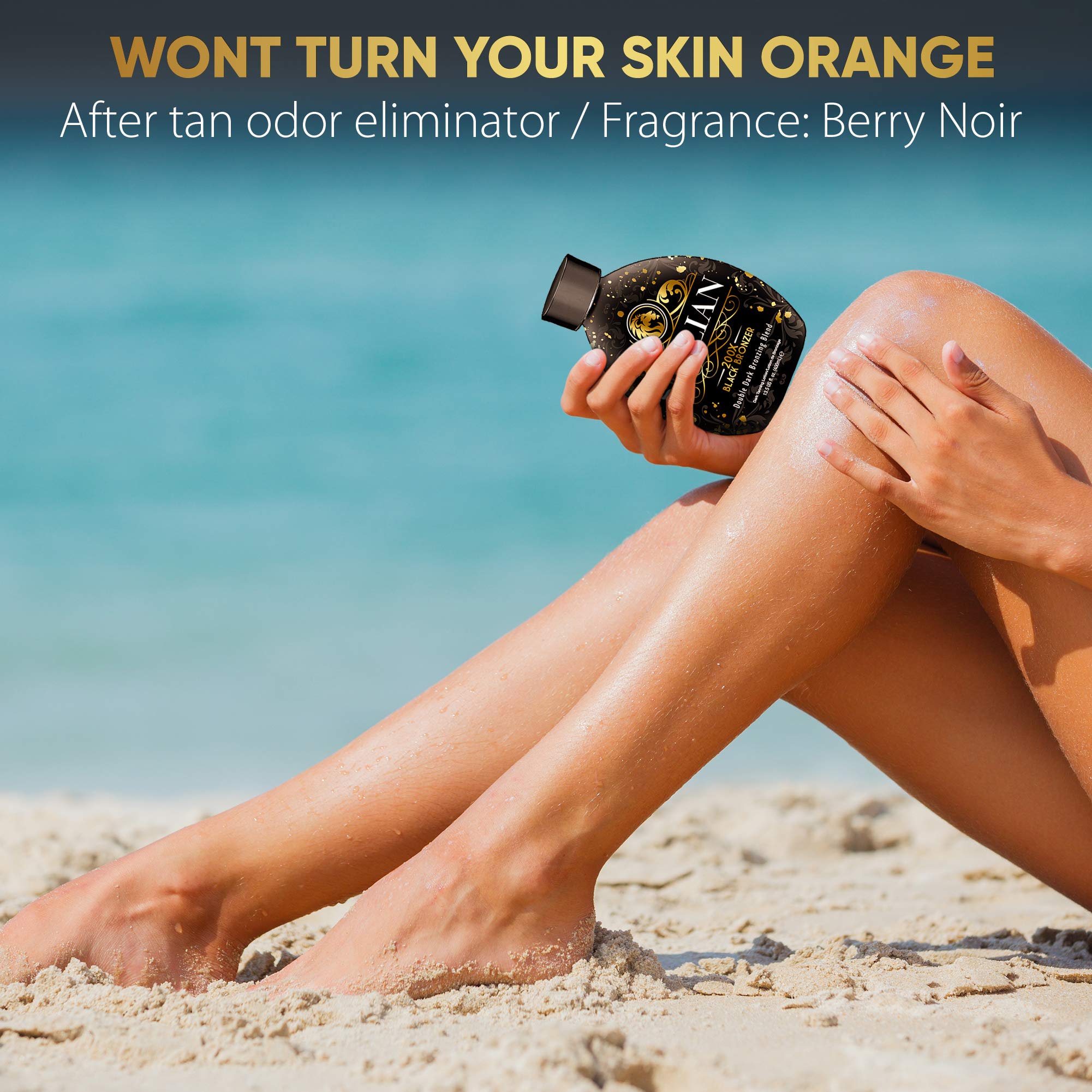 The Sicilian bottle showcases a 13.5 oz premium tanning formula.