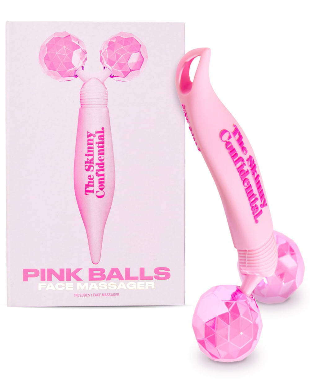 The Skinny Confidential Face Roller with pink balls close-up for cooling, soothing massage.