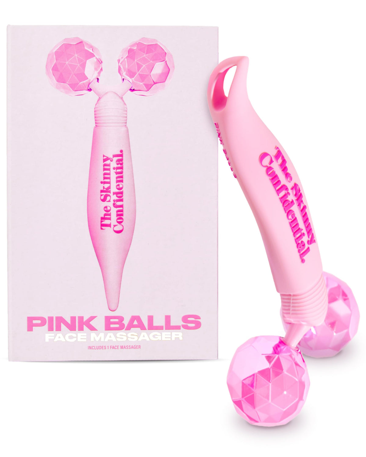 The Skinny Confidential Face Roller with pink balls close-up for cooling, soothing massage.