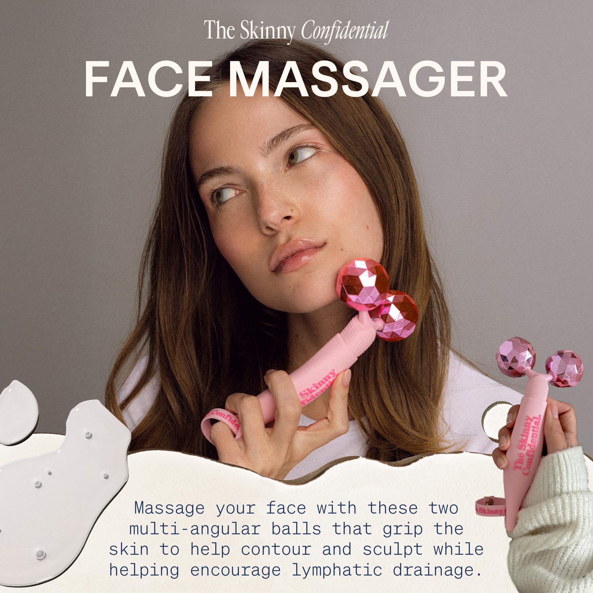 The Skinny Confidential Face Roller pink balls eye area for gentle depuffing.