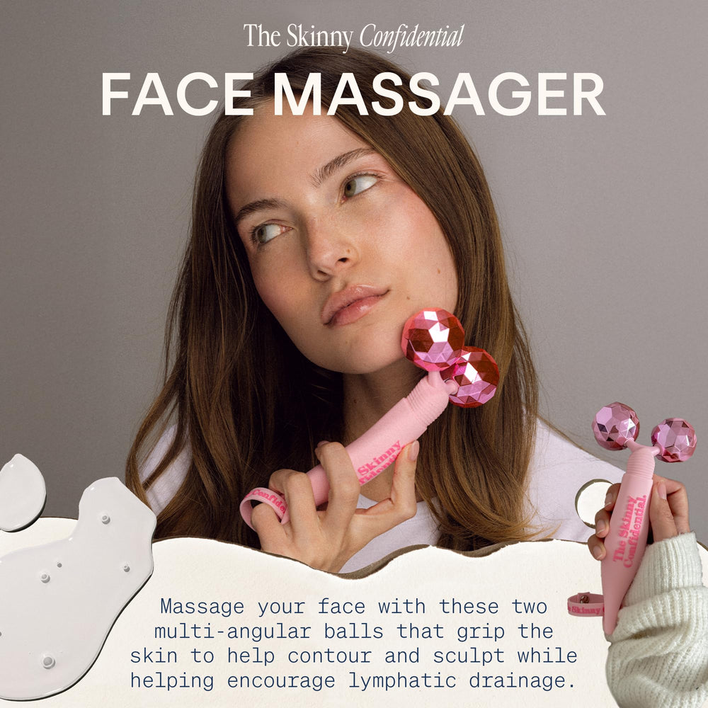 The Skinny Confidential Face Roller pink balls eye area for gentle depuffing.