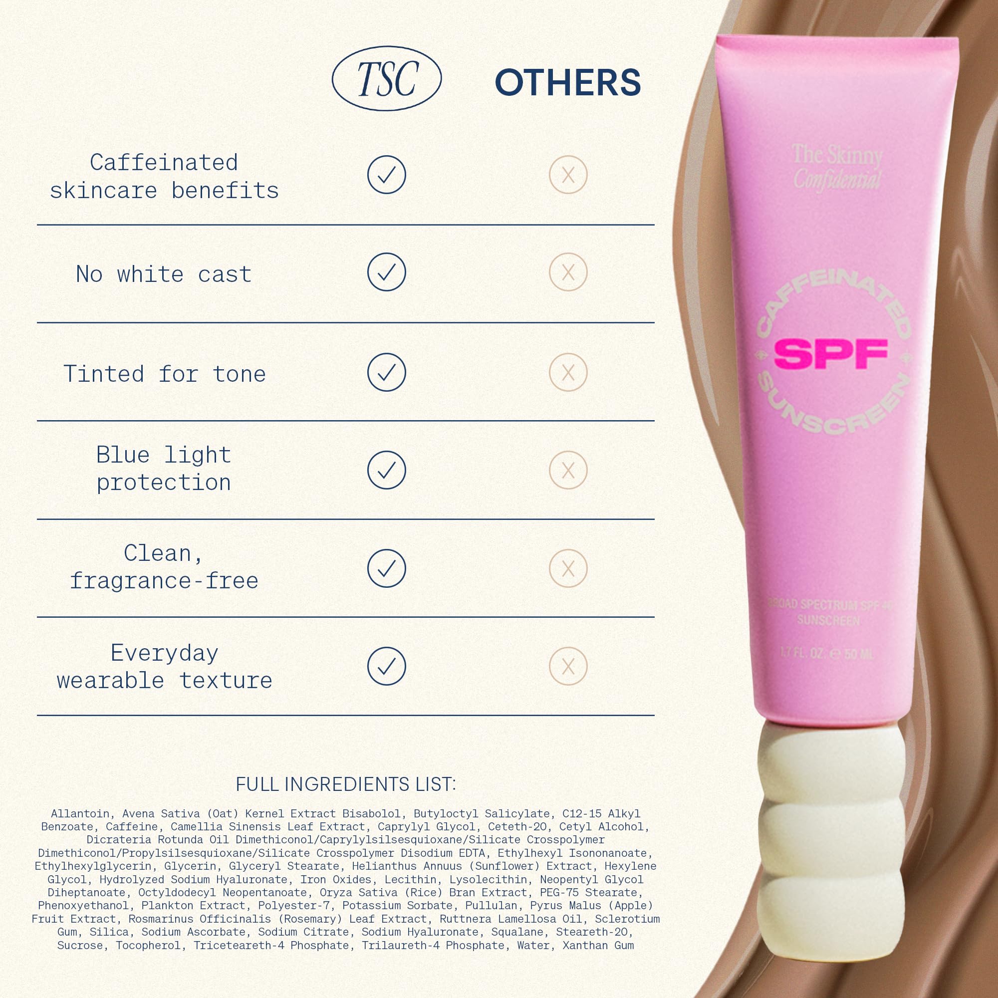 The Skinny Confidential tinted sunscreen no-white-cast tube illustrates even skin tone without chalky residue.