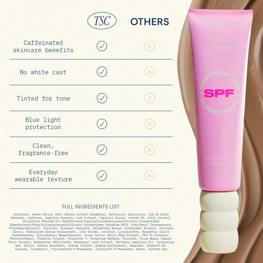 The Skinny Confidential tinted sunscreen no-white-cast tube illustrates even skin tone without chalky residue.