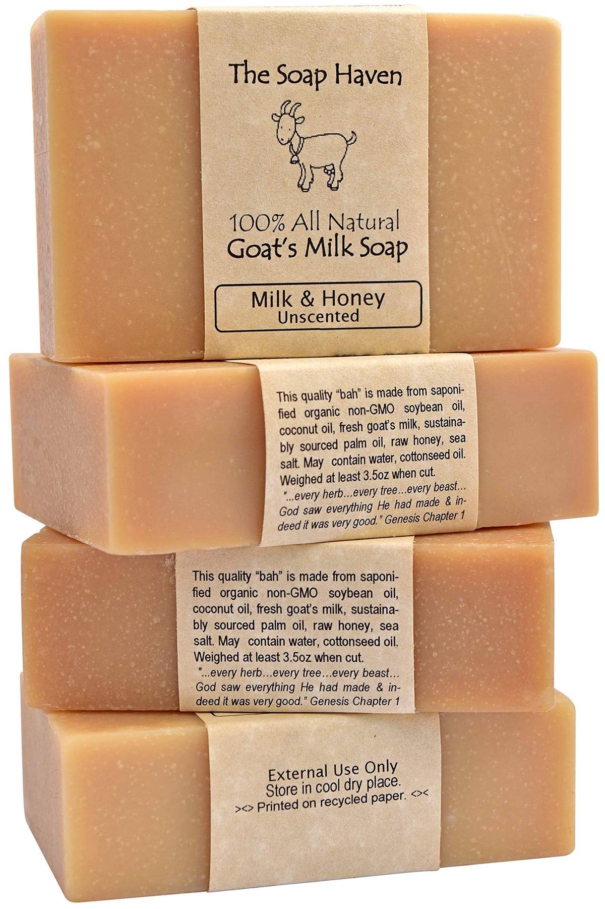 The Soap Haven goat milk honey soap bars pack front view shows gentle cleansing for sensitive skin.