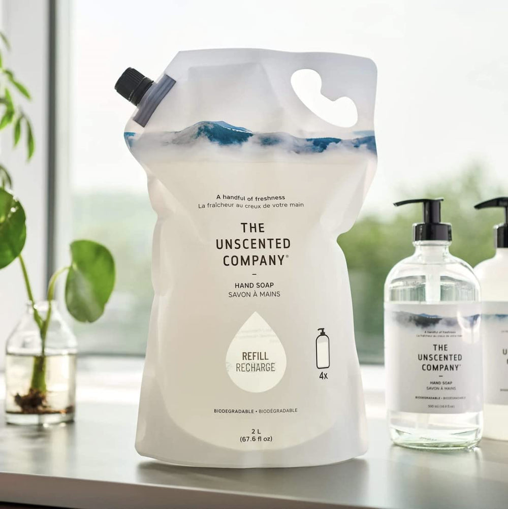 The Unscented Company refill bag in use demonstrates easy, unscented hand cleaning for the family.