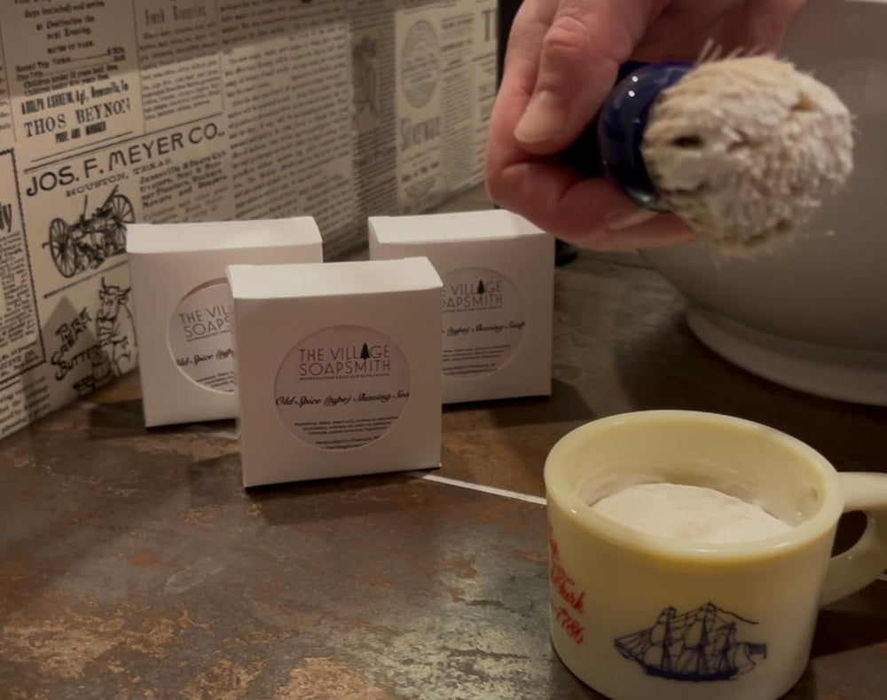 The Village Soapsmith Old Spice shaving soap lather forms smoothly for a comfortable shave