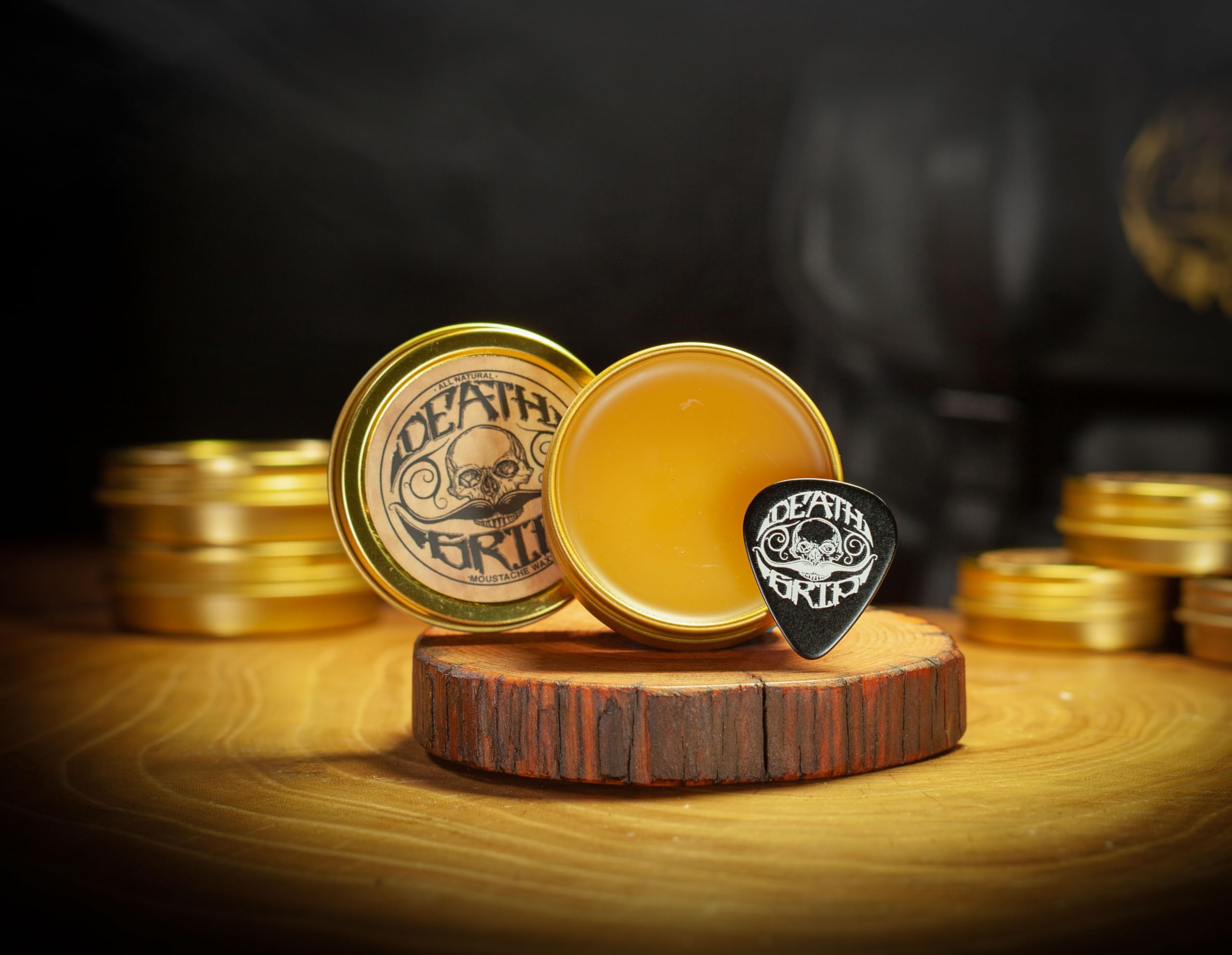 The Vintage Grooming Co. Death Grip apply to moustache for all-day control.