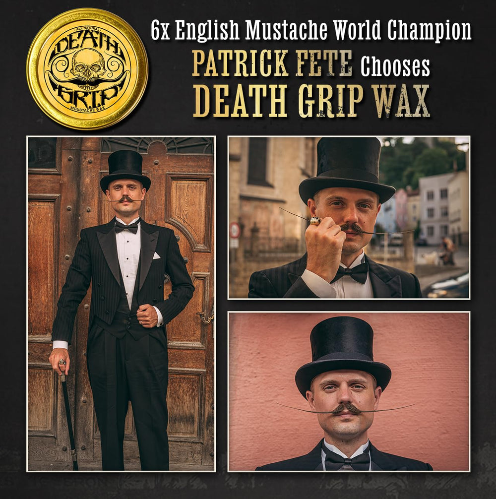 The Vintage Grooming Co. Death Grip wax open tin for quick application.