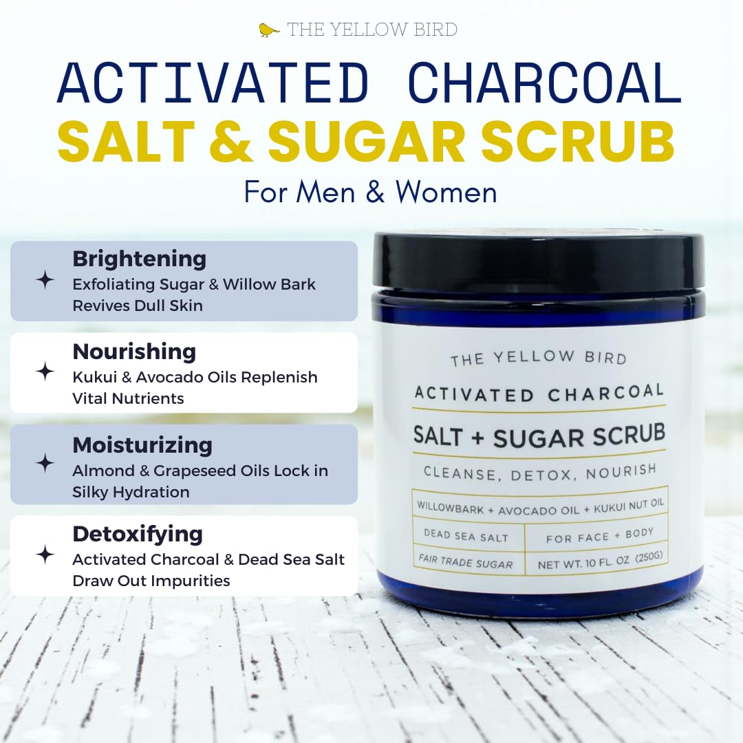 The Yellow Bird Activated Charcoal Body Scrub reveals deep cleansing for clearer-looking skin