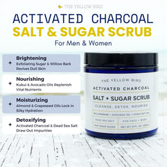 The Yellow Bird Activated Charcoal Body Scrub reveals deep cleansing for clearer-looking skin