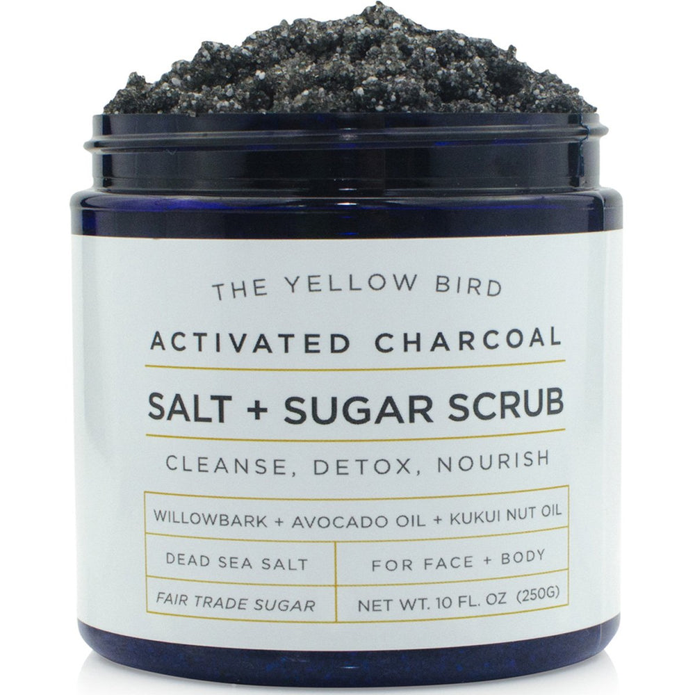 The Yellow Bird Activated Charcoal Face Scrub shows gentle exfoliation for smoother facial skin