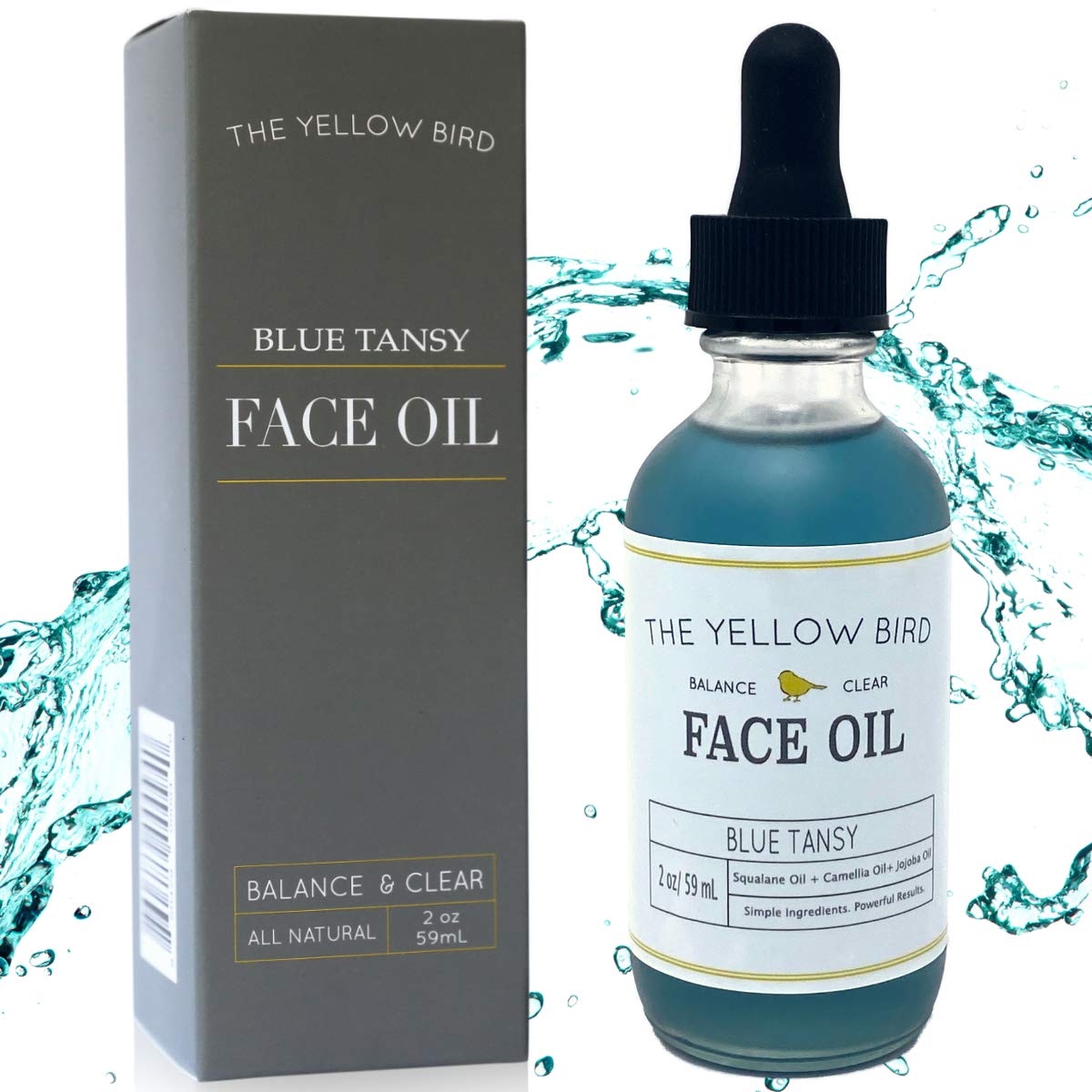 The Yellow Bird Balancing Blue Tansy Face Oil bottle showcases vegan, antioxidant-rich formula for clear skin.