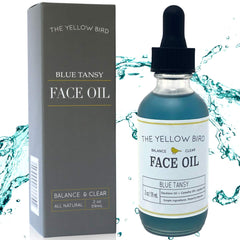 The Yellow Bird Balancing Blue Tansy Face Oil bottle showcases vegan, antioxidant-rich formula for clear skin.
