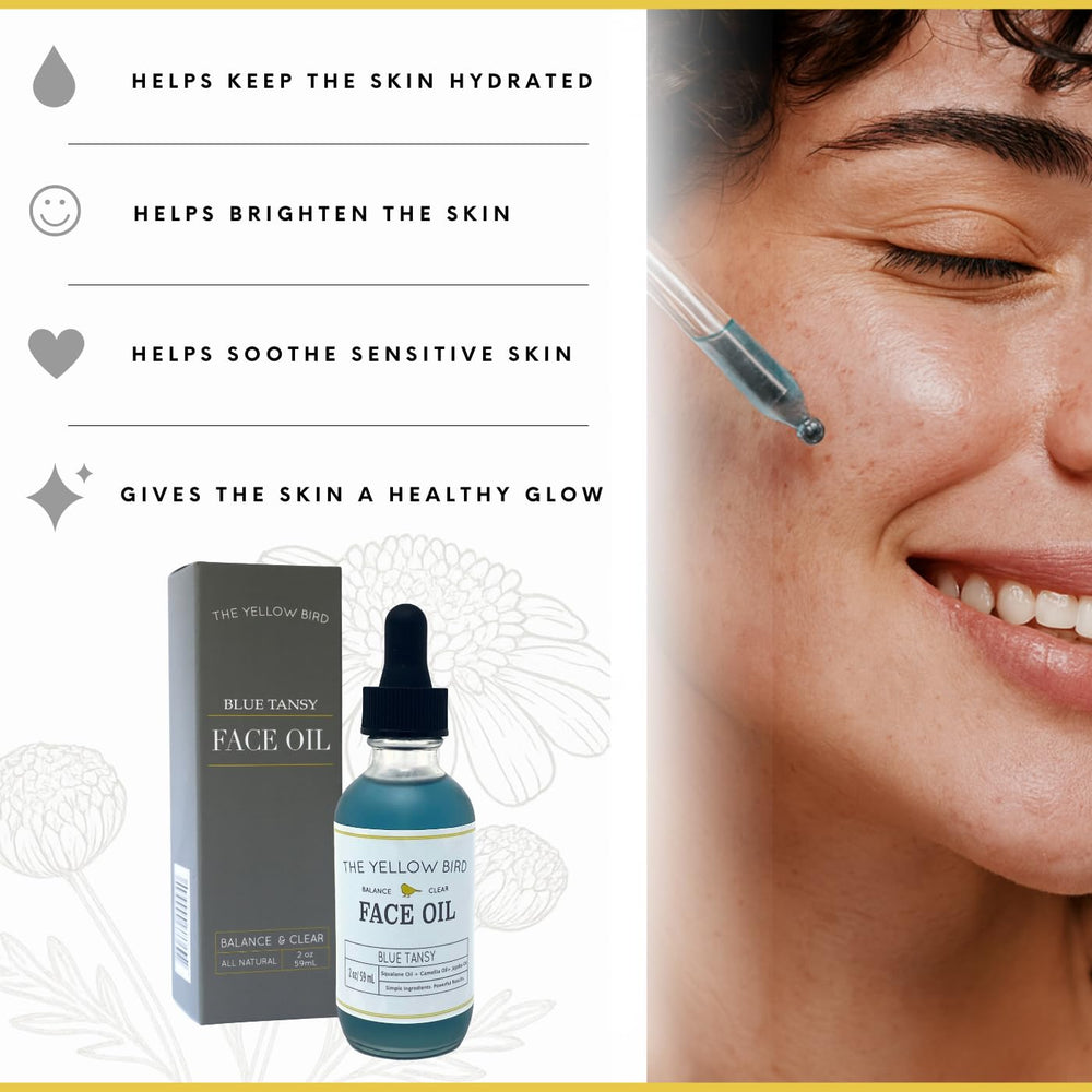 The Yellow Bird Balancing Blue Tansy Oil applied morning boosts glow.