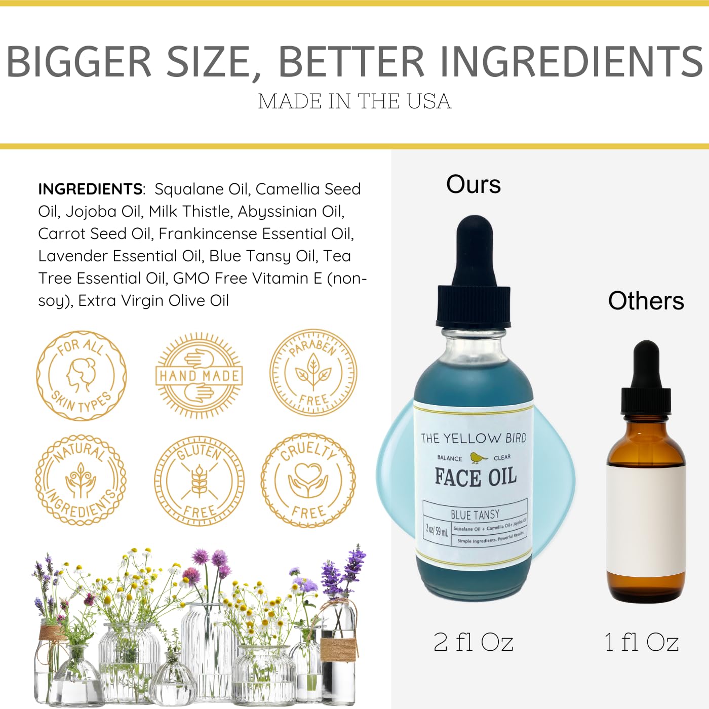 The Yellow Bird Balancing Blue Tansy packaging highlights vegan, cruelty-free status.