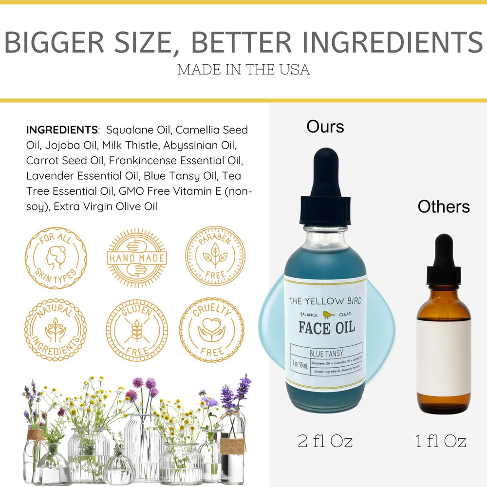 The Yellow Bird Balancing Blue Tansy packaging highlights vegan, cruelty-free status.