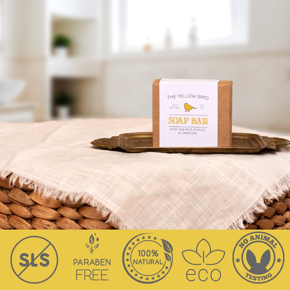 The Yellow Bird Dead Sea Mud Soap Bar packaging reflects a family-owned skincare promise.