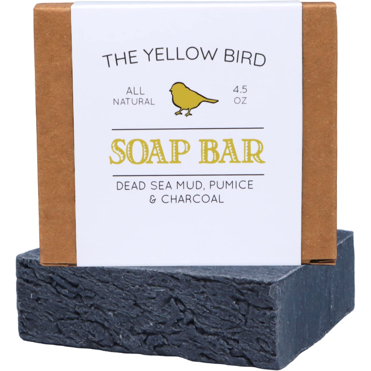 The Yellow Bird Dead Sea Mud Soap Bar shows pumice exfoliation for smoother skin.