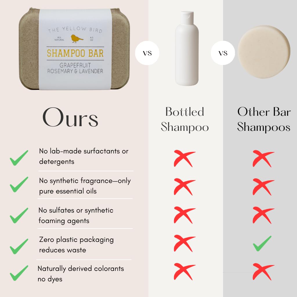 The Yellow Bird solid bar shampoo with argan and jojoba oils for shine.