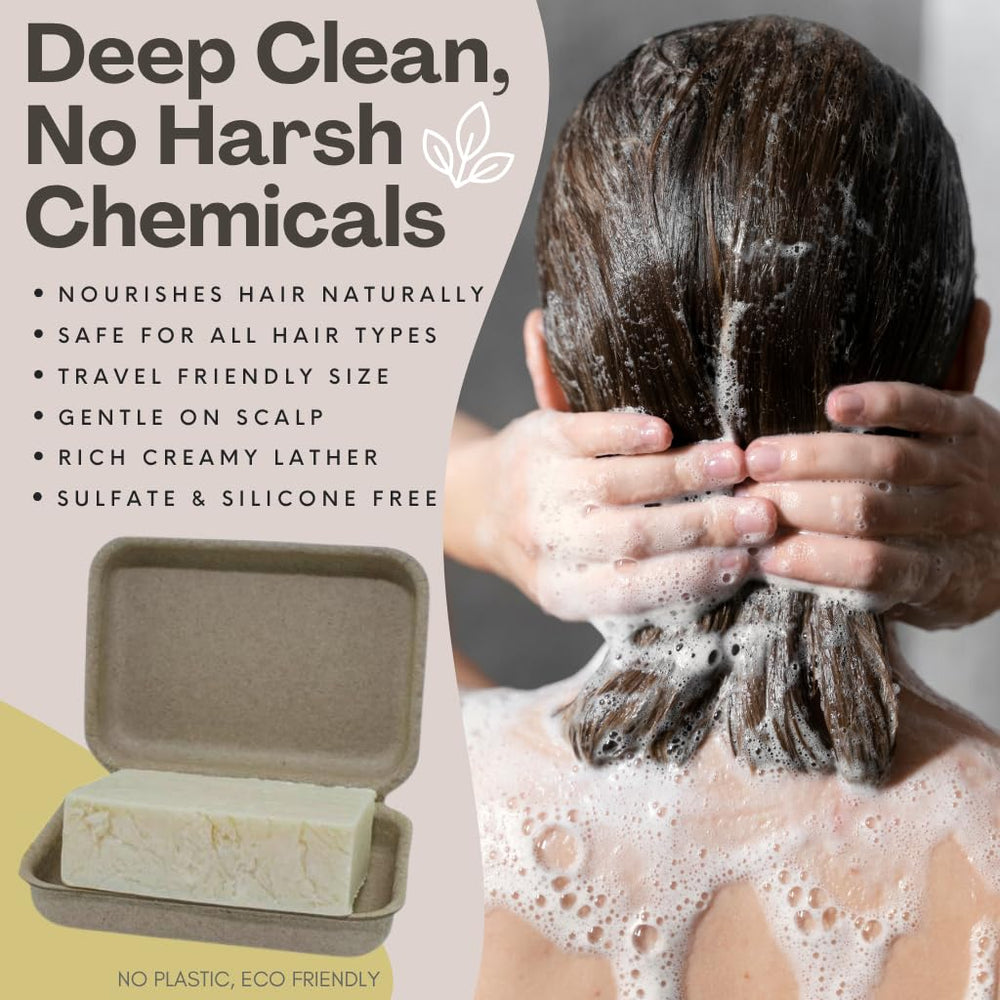 The Yellow Bird shampoo bar in hand shows its portable travel-friendly form.