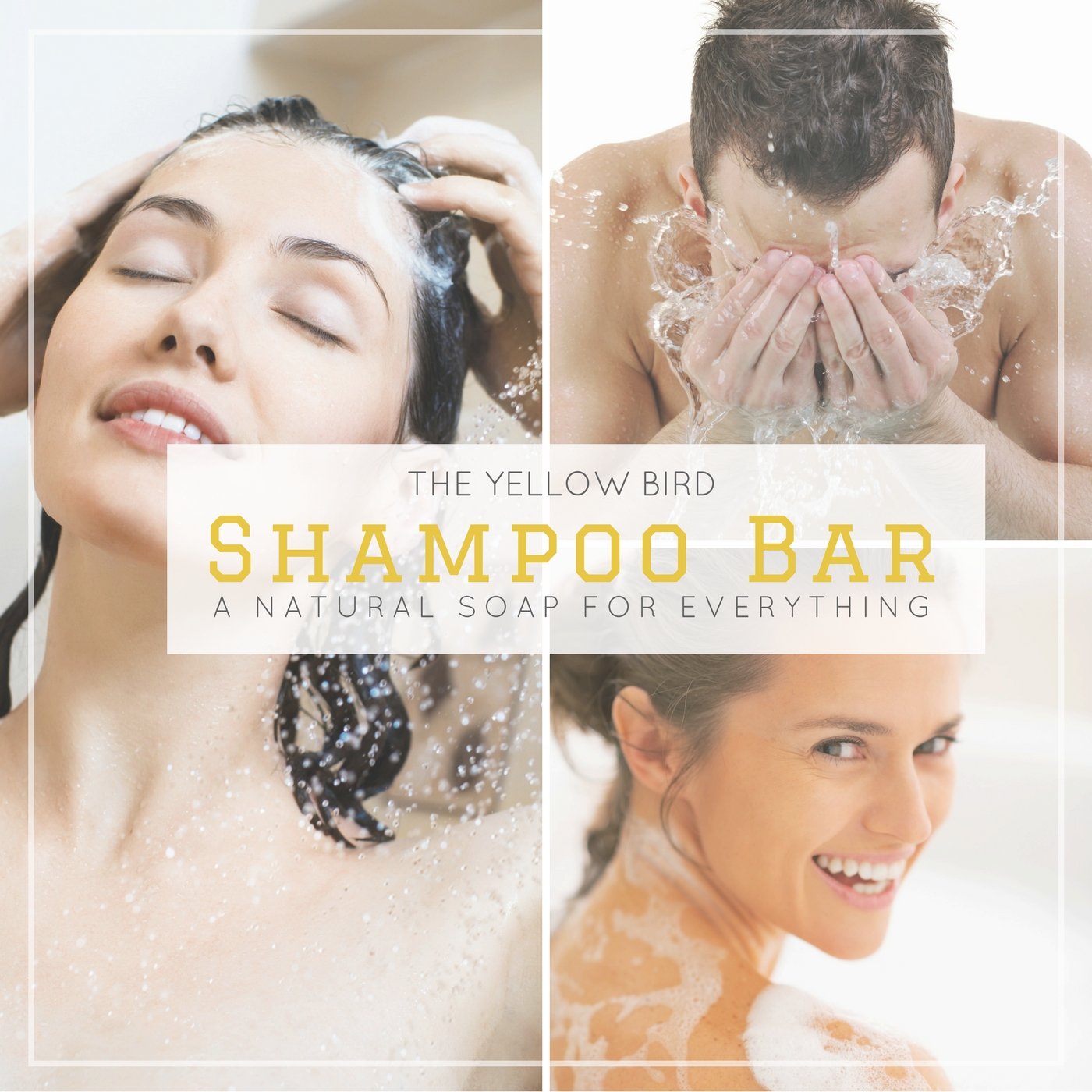 The Yellow Bird bar on shower shelf highlights gentle cleansing.