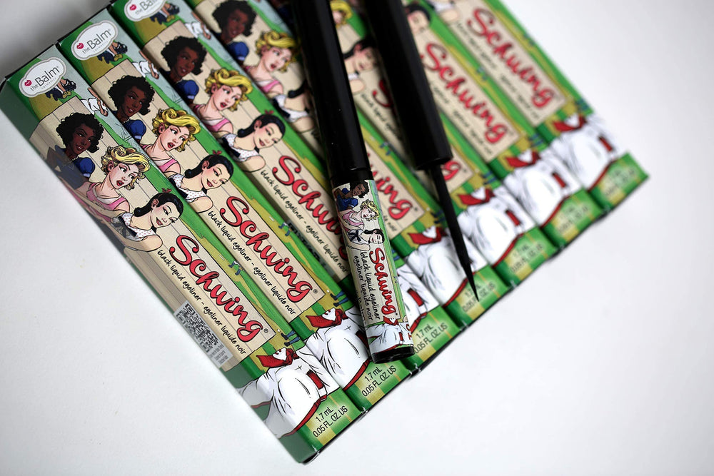 theBalm Schwing skin swatch showing true matte black payoff
