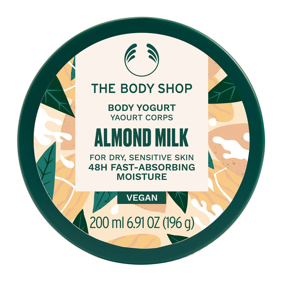 The Body Shop Almond Milk Body Yogurt packaging jar highlighting instant hydration.