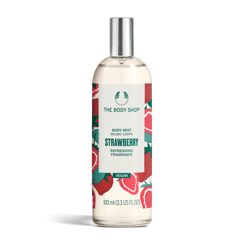 the body shop strawberry body mist bottle closeup offers fruity refreshment.