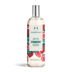 the body shop strawberry body mist bottle closeup offers fruity refreshment.