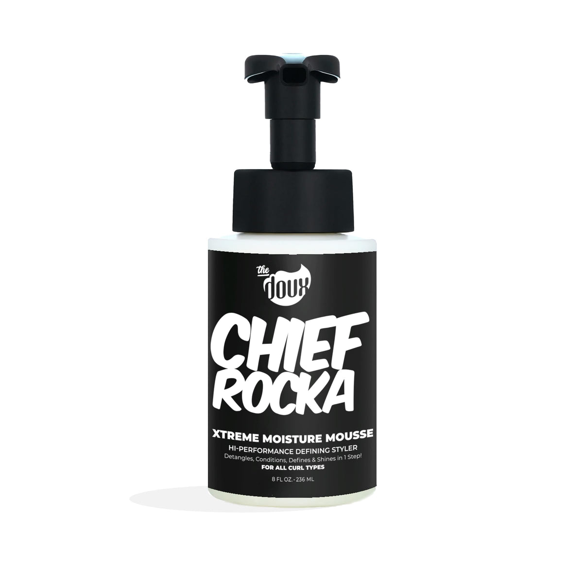 The Doux Chief Rocka Mousse bottle promotes hydration and frizz control for defined curls.