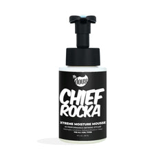 The Doux Chief Rocka Mousse bottle promotes hydration and frizz control for defined curls.