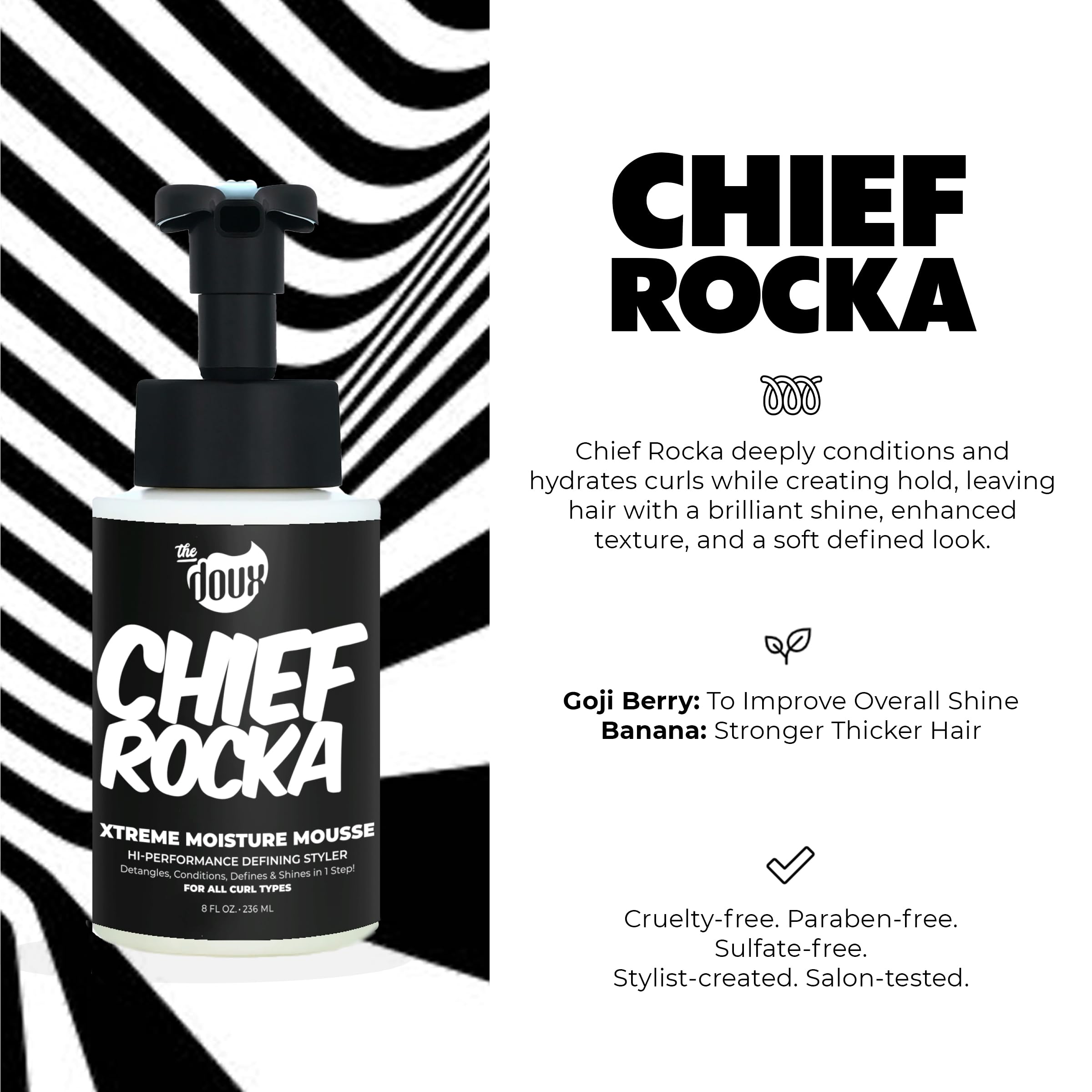 The Doux Chief Rocka Mousse curls with defined texture and bounce.