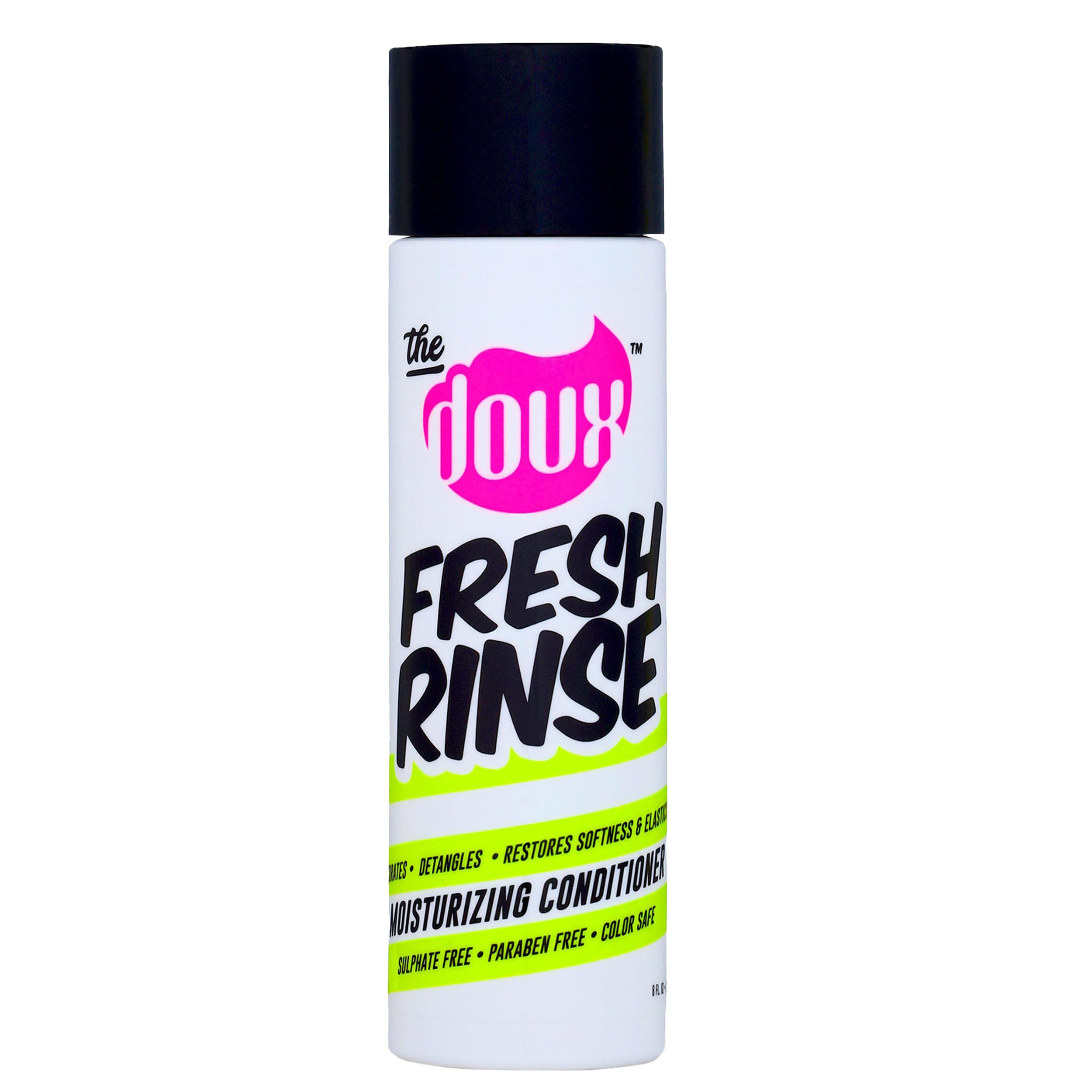 The Doux Fresh Rinse bottle closeup shows hydrating curly-care formula.