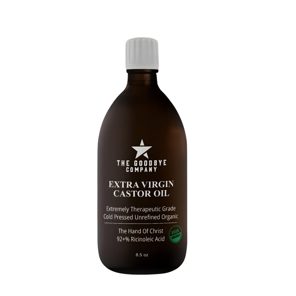 The Goodbye Company castor oil in amber glass bottle ready for hair growth use