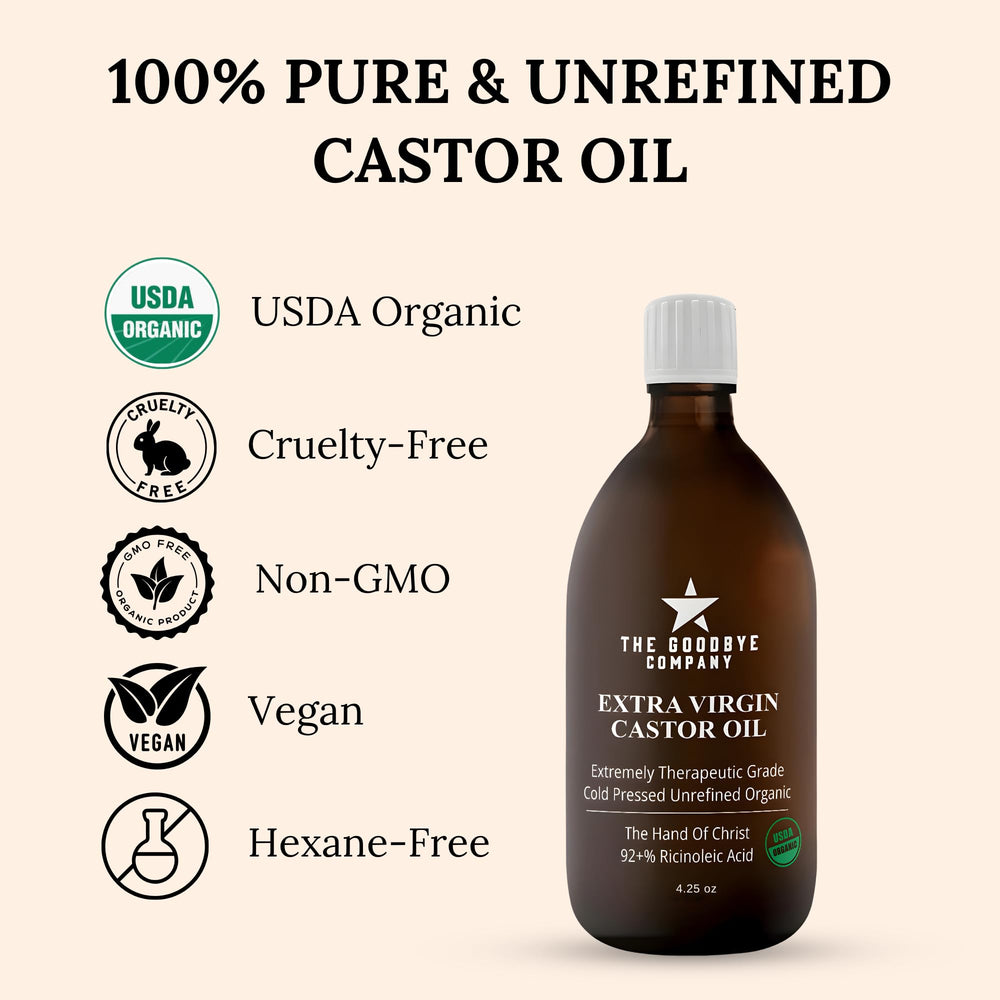 The Goodbye Company hexane-free label on castor oil bottle