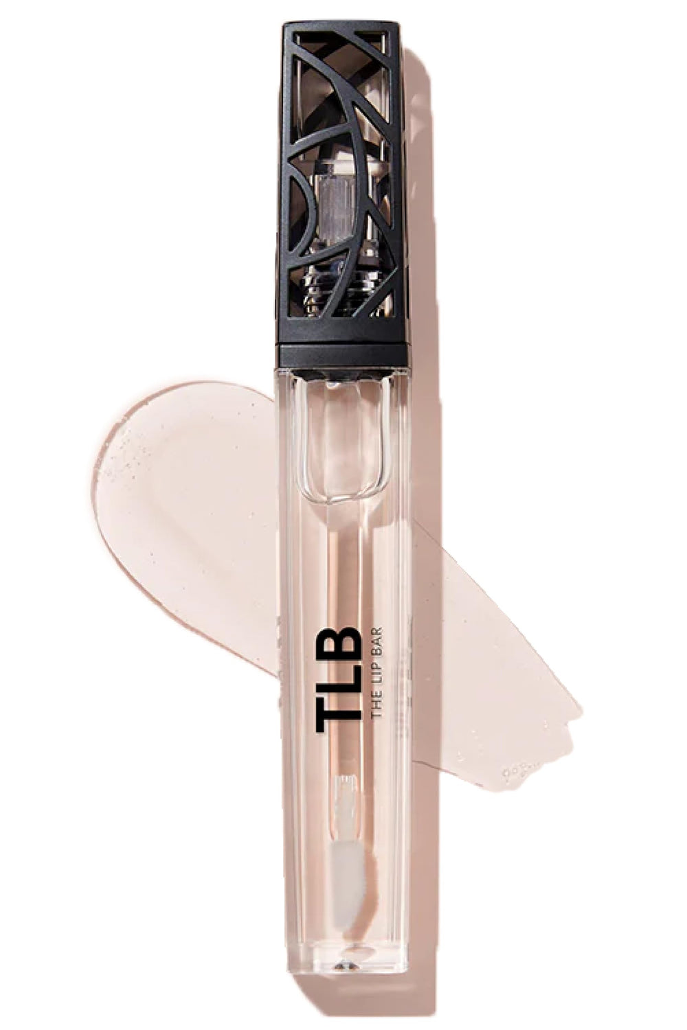 The Lip Bar minimalist clear gloss bottle shows high shine with a non-sticky feel.