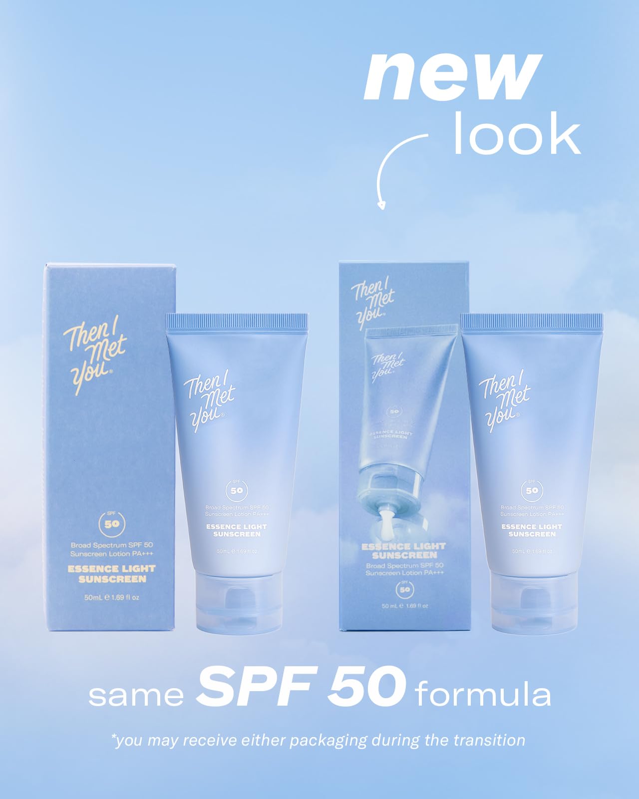 Then I Met You Essence Light Sunscreen label highlights SPF 50 broad spectrum protection