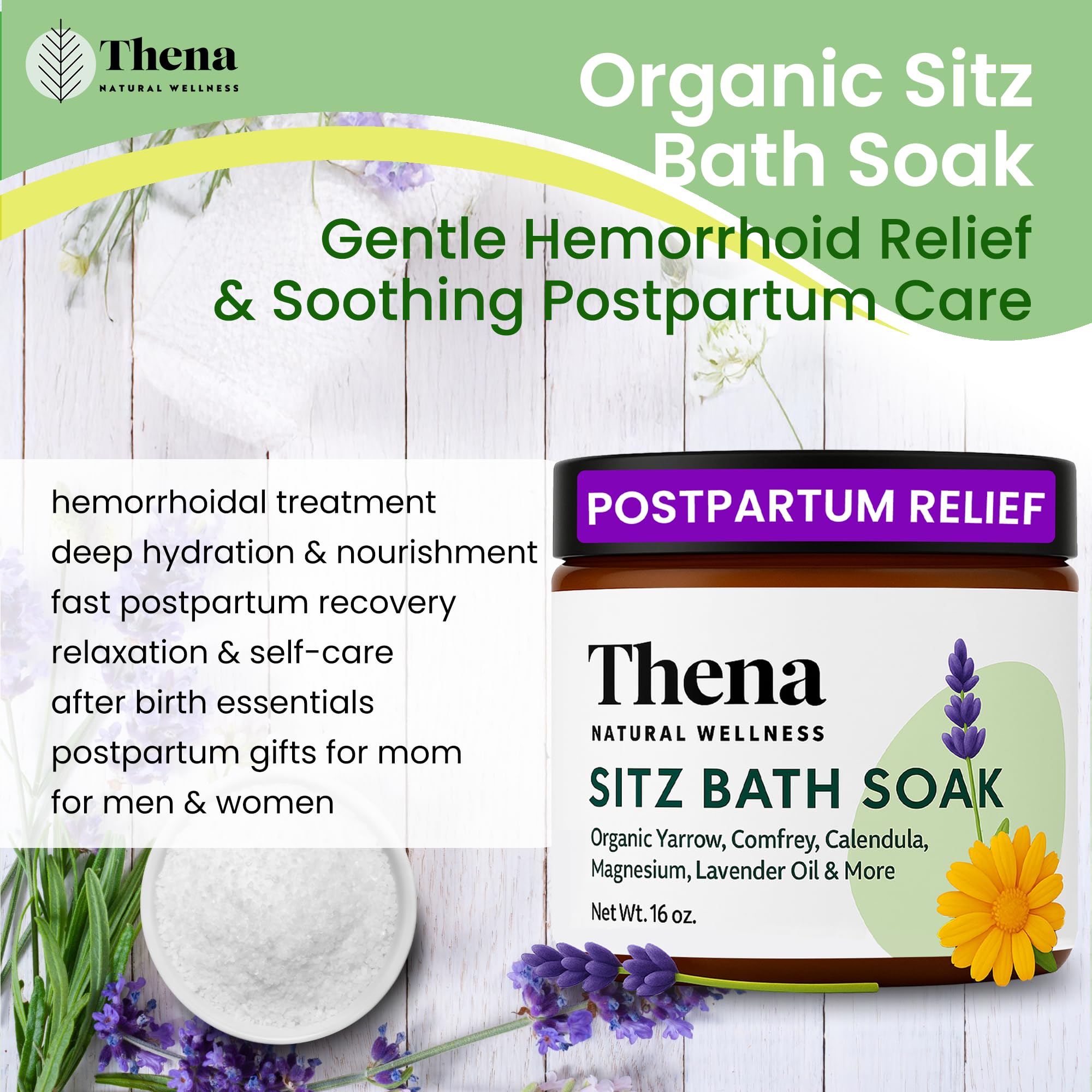 THENA Sitz Bath Soak includes calendula, comfrey, and yarrow for soothing care.
