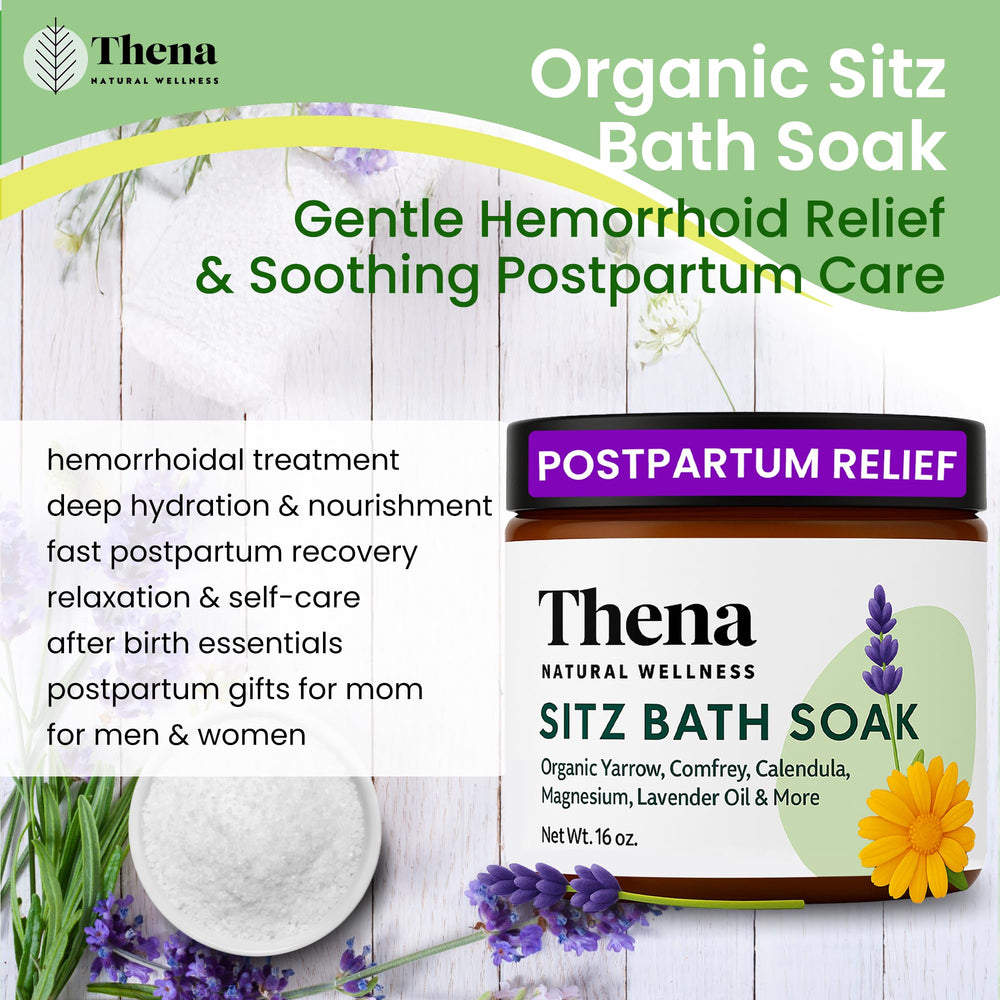THENA Sitz Bath Soak includes calendula, comfrey, and yarrow for soothing care.