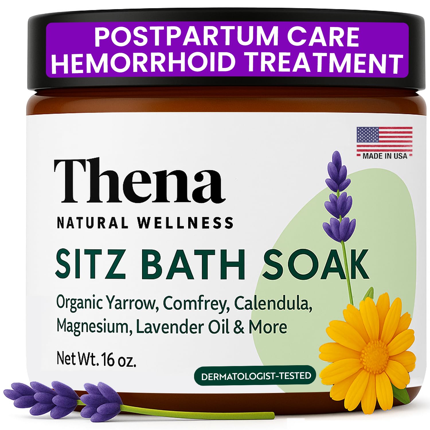 THENA Sitz Bath Soak packaging shows postpartum care convenience.