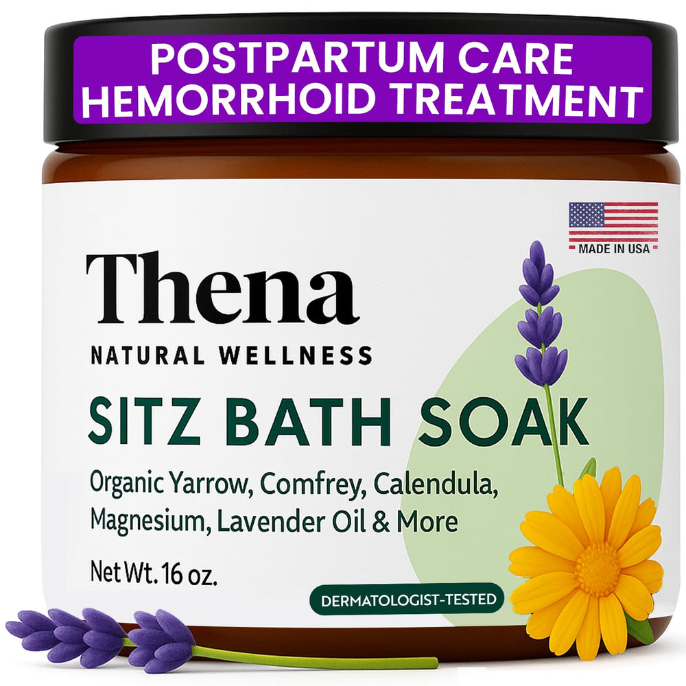 THENA Sitz Bath Soak packaging shows postpartum care convenience.