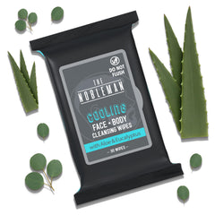 The Nobleman cooling wipes eucalyptus tub closeup emphasizes easy reseal for on-the-go freshness.
