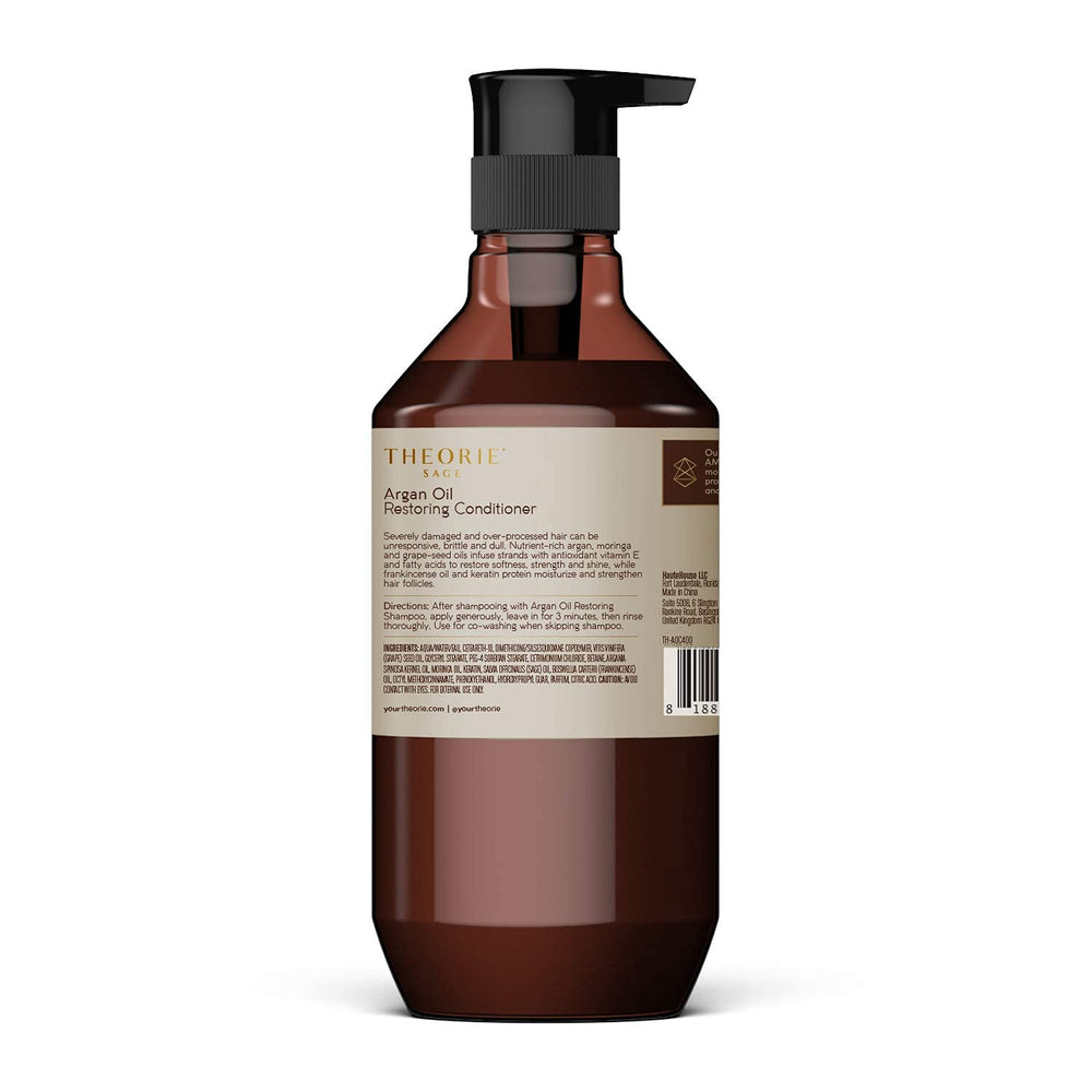 Theorie Argan Oil Ultimate Restoring Conditioner application pump demonstrates easy, mess-free usage