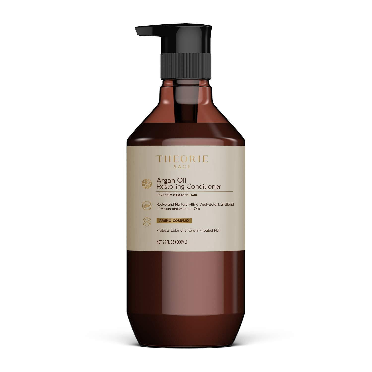 Theorie Argan Oil Ultimate Restoring Conditioner bottle promotes color-safe nourishment and shine