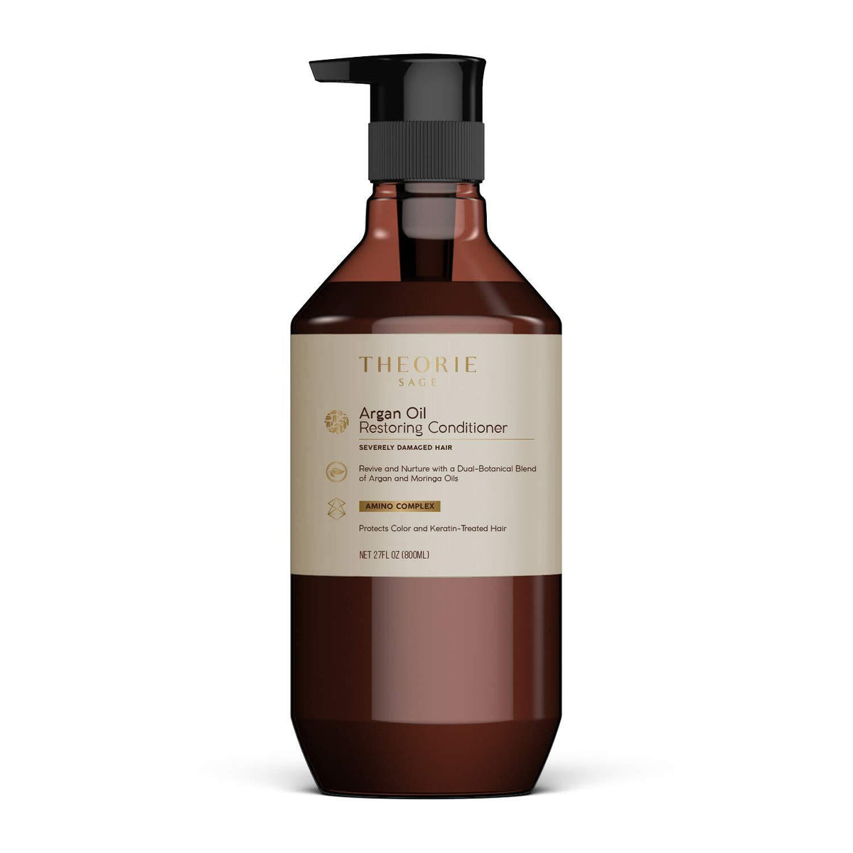 Theorie Argan Oil Ultimate Restoring Conditioner bottle promotes color-safe nourishment and shine