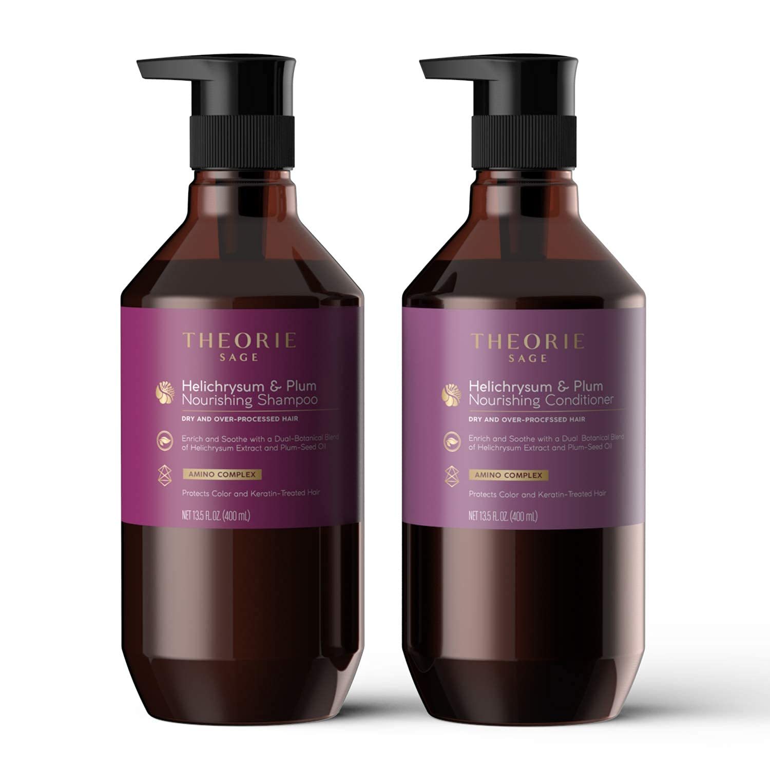 Theorie Helichrysum & Plum hair with shine after use close-up.