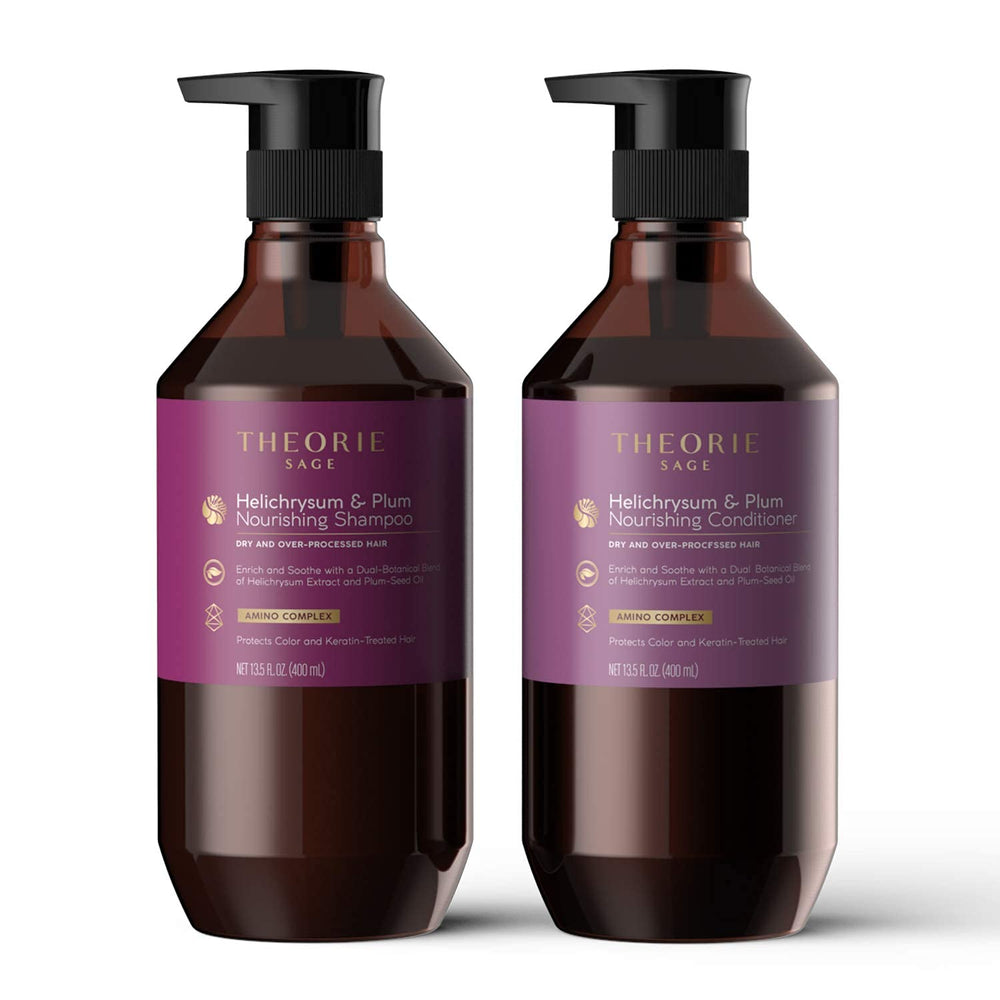 Theorie Helichrysum & Plum hair with shine after use close-up.