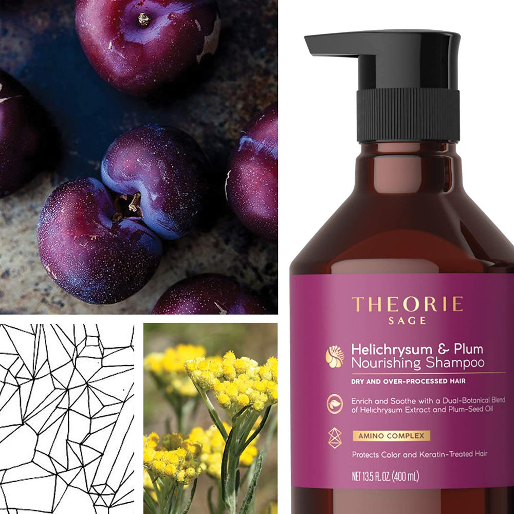 The Theorie Helichrysum and Plum bottle on bathroom shelf conveys premium professional-grade care.