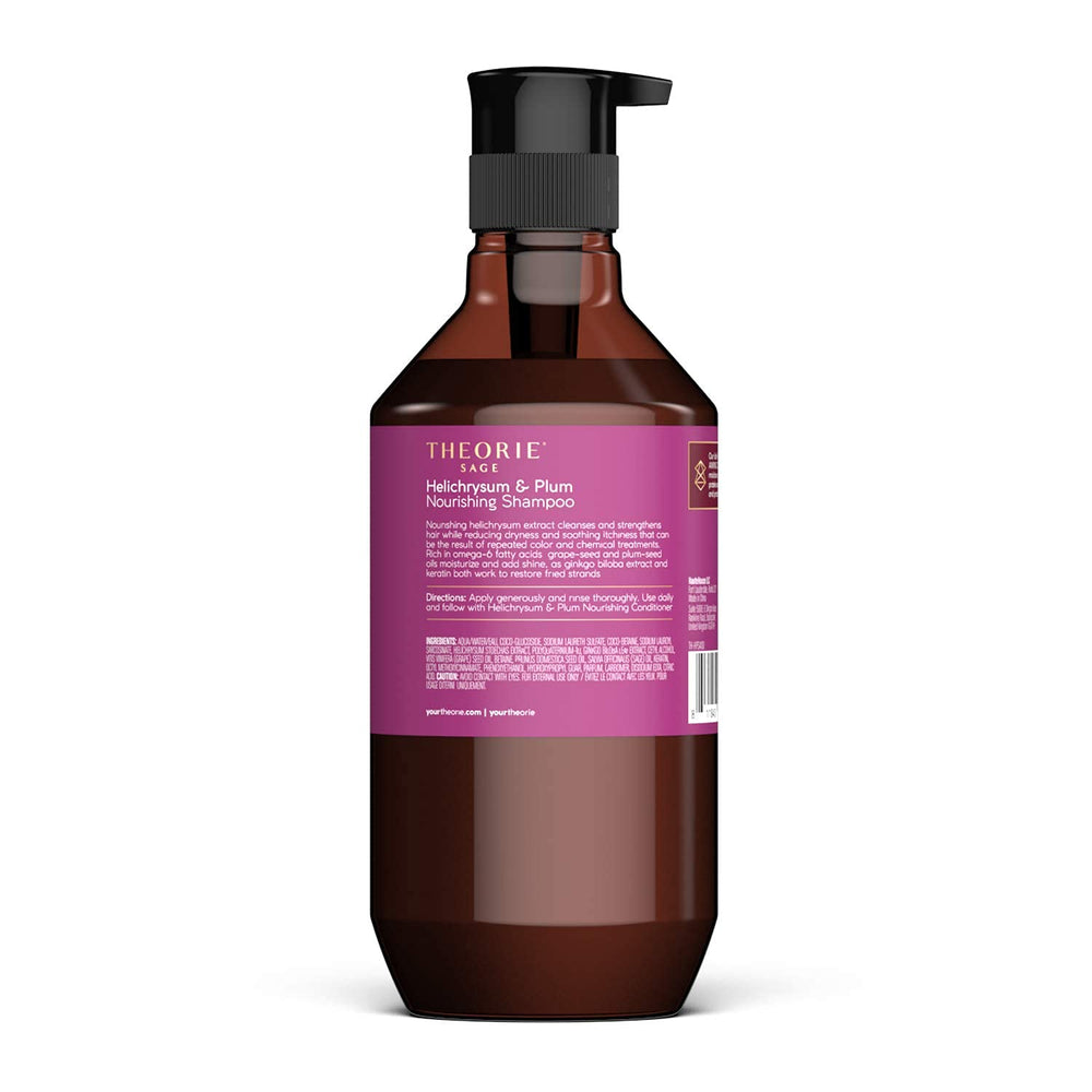 Theorie shampoo label detail highlights color- and keratin-treated hair.